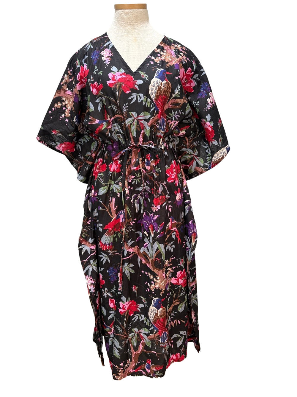 Black caftan with floral and bird print